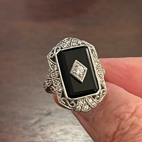 Vintage Jewelry - Art Deco style black onyx diamanté crystal sterling silver size 5.0 ring